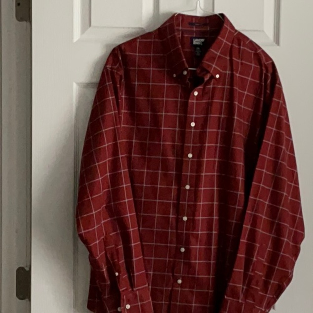 Lands' End Men's Burgundy Plaid Button Down Shirt